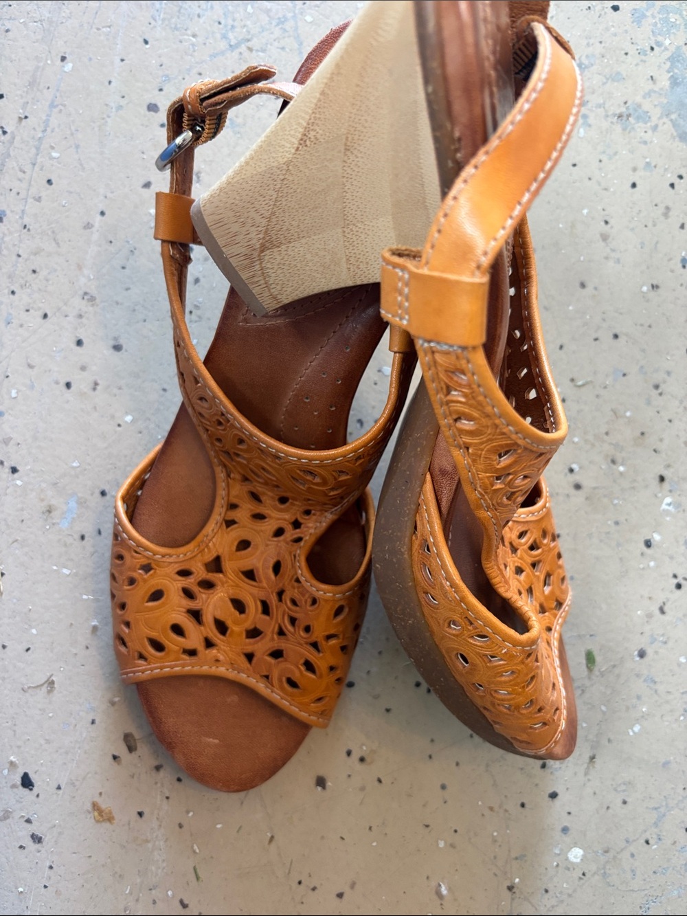Naya Laser-Cut ALL LEATHER Wedge Sandals WITH BAMBOO heel